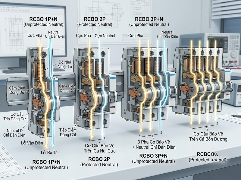 RCBO 1P N, 2P, 3P N và 4P khác nhau thế nào?